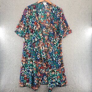 LuLaRoe Top Womens Medium Shirley Blue Multi Ikat Tribal Kimono Open Waterfall